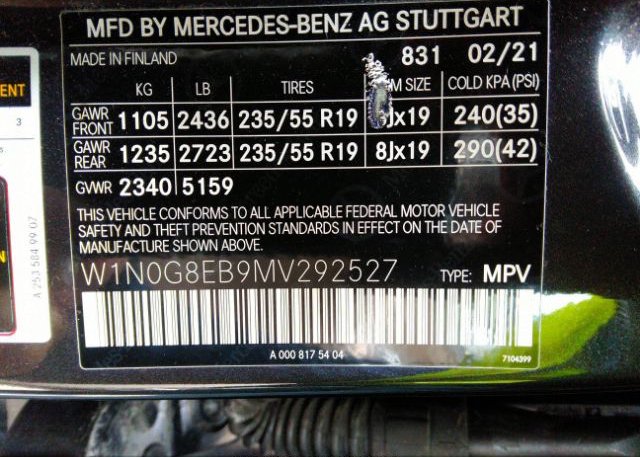 2021 MERCEDES-BENZ GLC(VIN: W1N0G8EB9MV292527