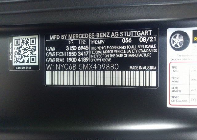 2021 MERCEDES-BENZ G-CLASS(VIN: W1NYC6BJ5MX409880