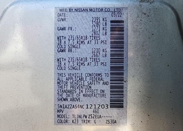2022 NISSAN MURANO(VIN: 5N1AZ2AS4NC121203