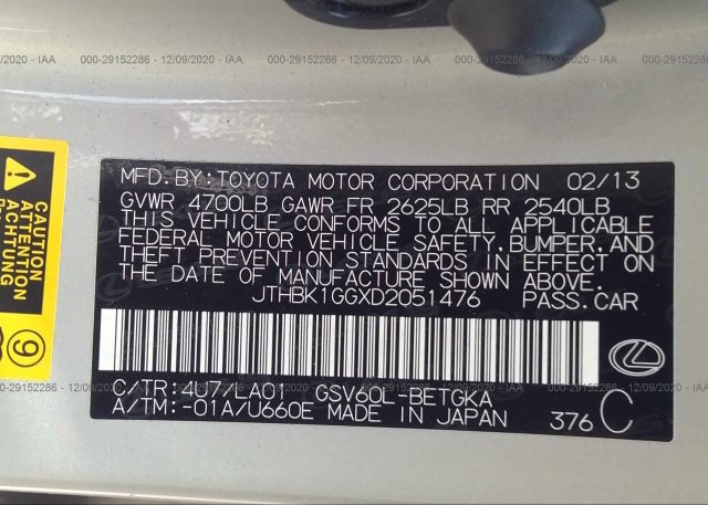 JTHBK1GGXD2051476 2013 LEXUS ES 350