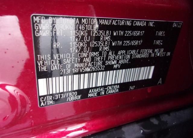 2022 TOYOTA RAV4(VIN: 2T3F1RFV5NW265532