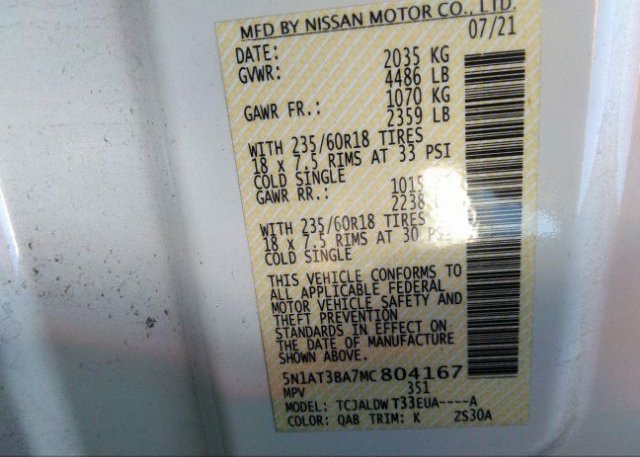 2021 NISSAN ROGUE(VIN: 5N1AT3BA7MC804167
