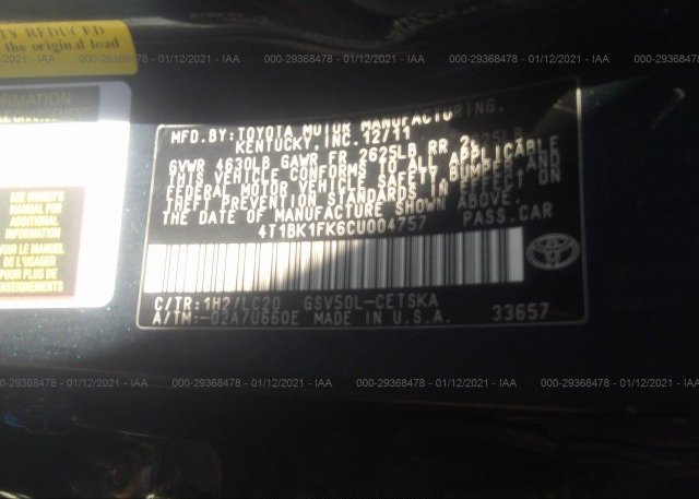 4T1BK1FK6CU004757 2012 TOYOTA CAMRY
