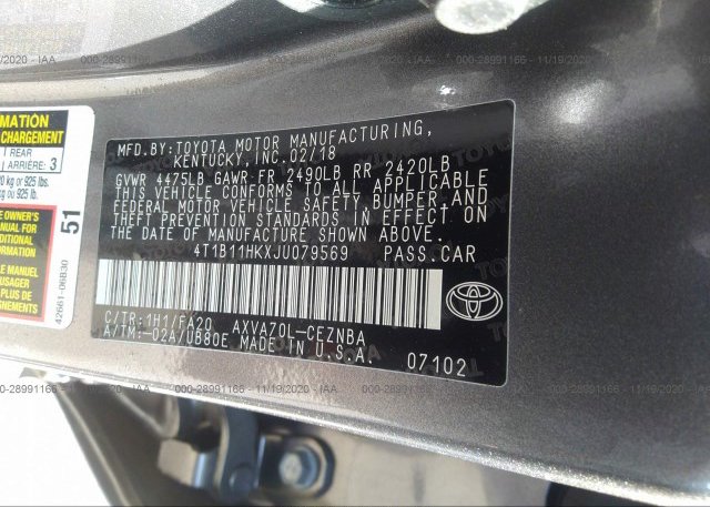 4T1B11HKXJU079569 2018 TOYOTA CAMRY