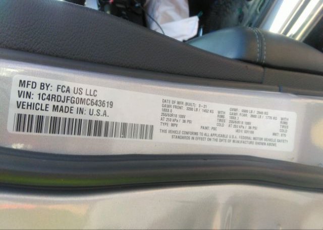 2021 DODGE DURANGO(VIN: 1C4RDJFG0MC643619