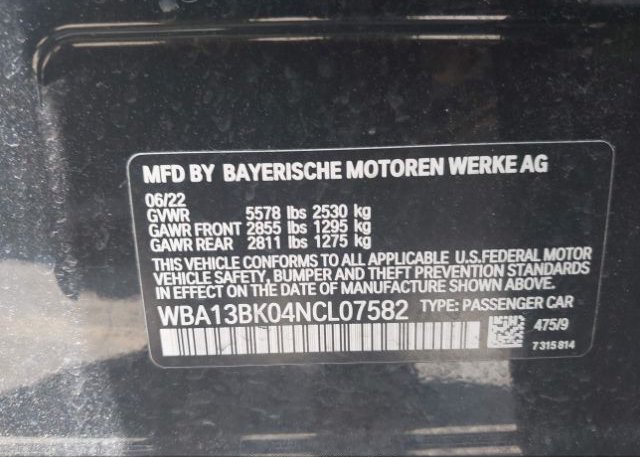 2022 BMW 5 SERIES(VIN: WBA13BK04NCL07582