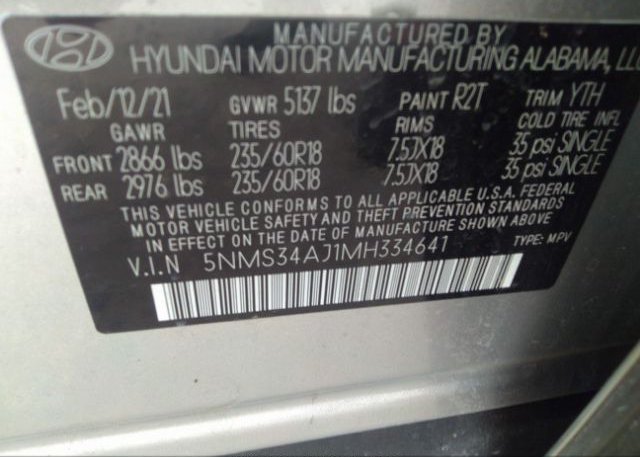 2021 HYUNDAI SANTA FE(VIN: 5NMS34AJ1MH334641