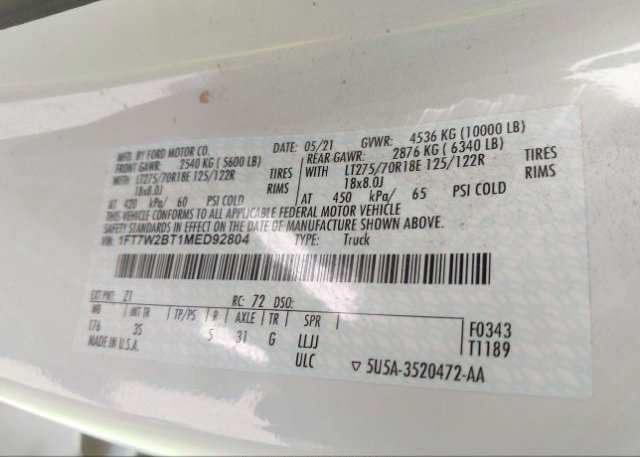 2021 FORD SUPER DUTY F-250 SRW(VIN: 1FT7W2BT1MED92804