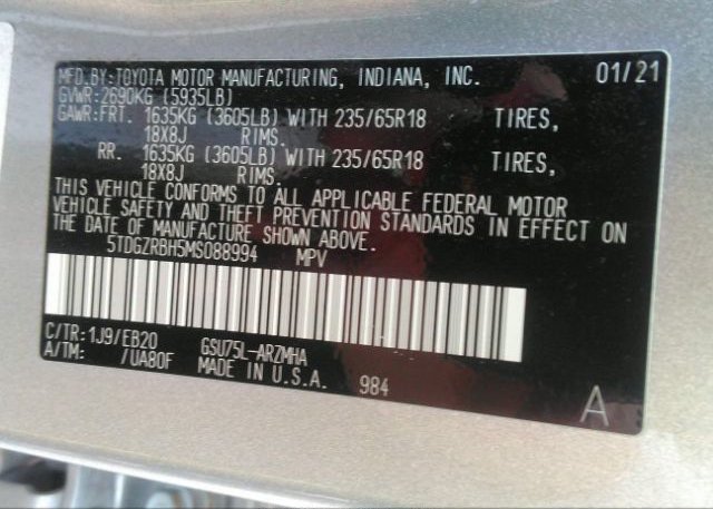 2021 TOYOTA HIGHLANDER(VIN: 5TDGZRBH5MS088994