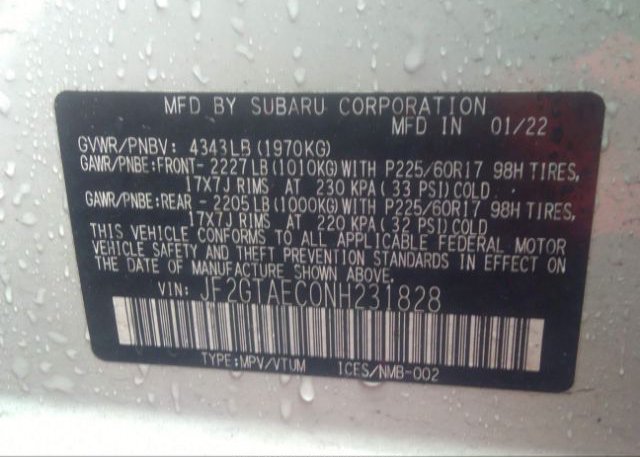 2022 SUBARU CROSSTREK(VIN: JF2GTAEC0NH231828