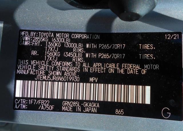 2022 TOYOTA 4RUNNER(VIN: JTEMU5JR6N6019930