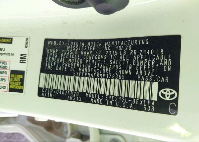 2021 TOYOTA COROLLA(VIN: 5YFEPMAE8MP178365