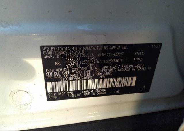 2021 TOYOTA RAV4(VIN: 2T3G1RFV8MC246056