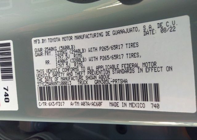 2022 TOYOTA TACOMA 4WD(VIN: 3TYCZ5ANXNT100013