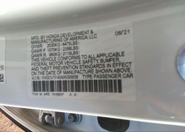 2021 HONDA ACCORD SEDAN(VIN: 1HGCV1F40MA095658