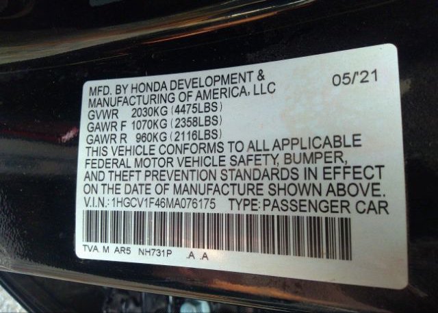 2021 HONDA ACCORD SEDAN(VIN: 1HGCV1F46MA076175