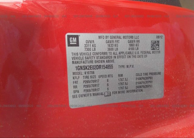 1GNSK2E02DR154855 2013 CHEVROLET TAHOE