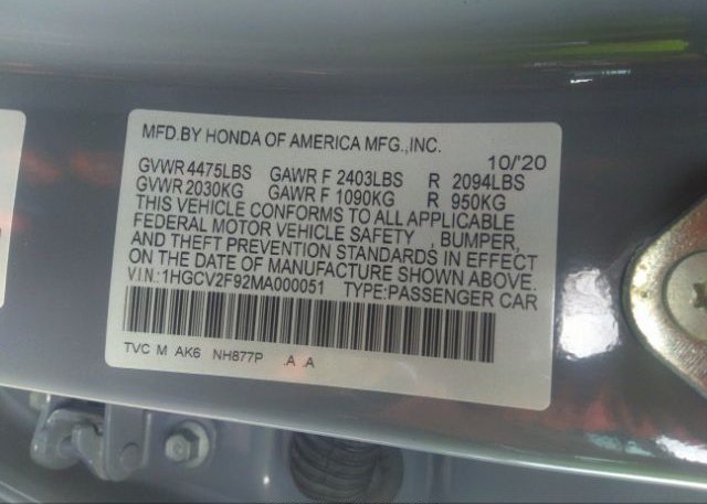 2021 HONDA ACCORD SEDAN(VIN: 1HGCV2F92MA000051