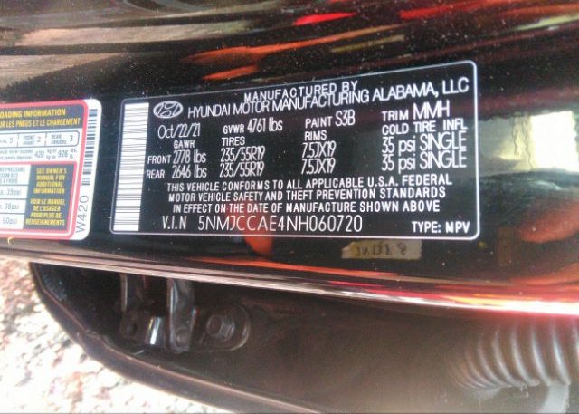 2022 HYUNDAI TUCSON(VIN: 5NMJCCAE4NH060720