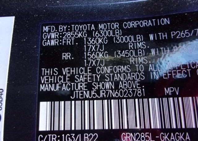 2022 TOYOTA 4RUNNER(VIN: JTENU5JR7N6023781