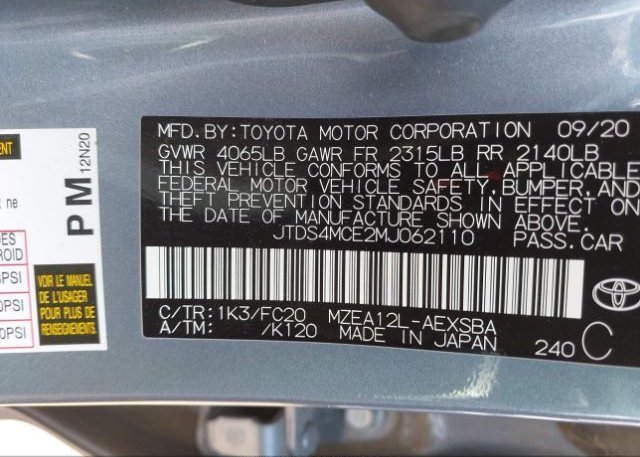 2021 TOYOTA COROLLA(VIN: JTDS4MCE2MJ062110