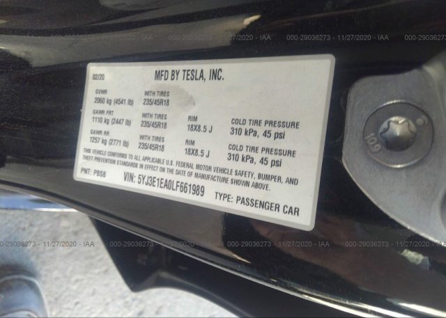 5YJ3E1EA0LF661989 2020 TESLA MODEL 3