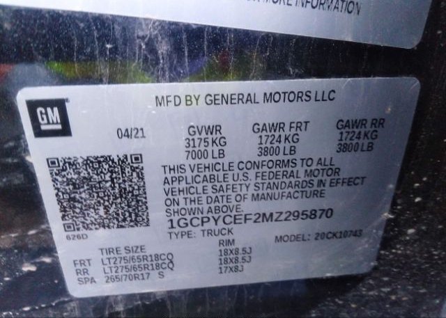 2021 CHEVROLET SILVERADO 1500(VIN: 1GCPYCEF2MZ295870