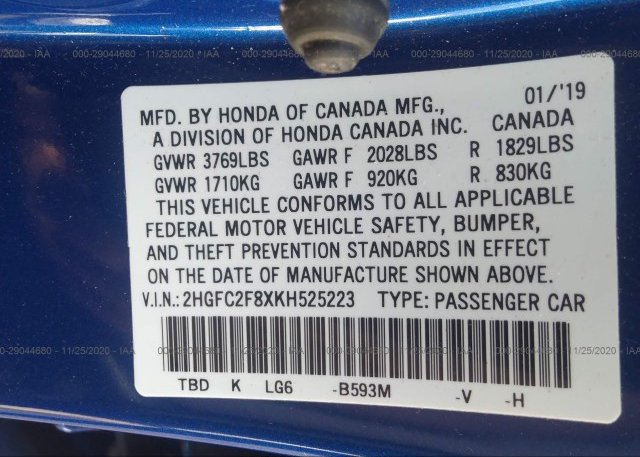 2HGFC2F8XKH525223 2019 HONDA CIVIC SEDAN