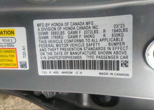 2023 HONDA CIVIC SEDAN(VIN: 2HGFE2F55PH534855