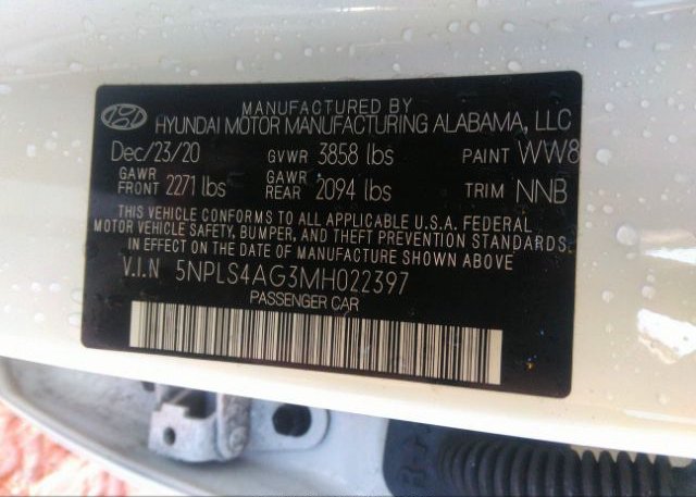 2021 HYUNDAI ELANTRA(VIN: 5NPLS4AG3MH022397
