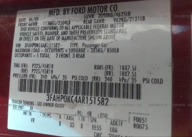 3FAHP0KC4AR151582 2010 FORD FUSION