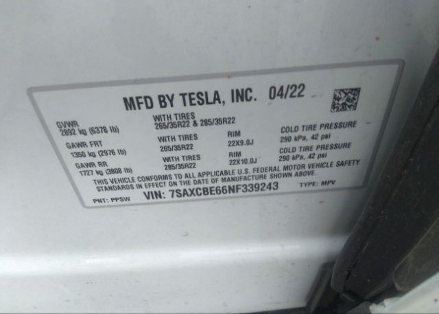 2022 TESLA MODEL X(VIN: 7SAXCBE66NF339243