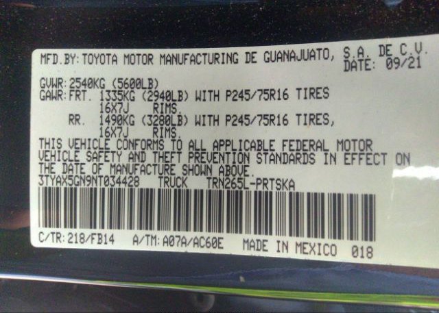 2022 TOYOTA TACOMA 2WD(VIN: 3TYAX5GN9NT034428