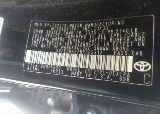 2022 TOYOTA COROLLA(VIN: 5YFEPMAE7NP305317