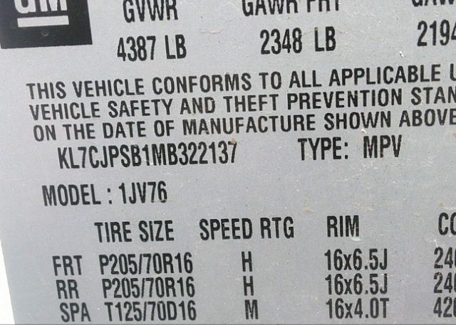 2021 CHEVROLET TRAX(VIN: KL7CJPSB1MB322137