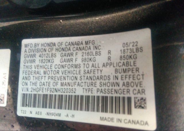2022 HONDA CIVIC SEDAN(VIN: 2HGFE1F92NH320352
