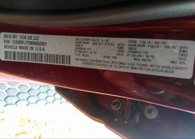 2021 RAM 1500(VIN: 1C6SRFJT5MN552801