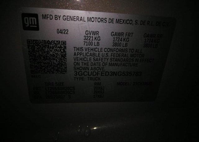2022 CHEVROLET SILVERADO 1500(VIN: 3GCUDFED3NG535783