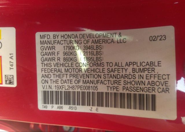 2023 HONDA CIVIC HATCHBACK(VIN: 19XFL2H87PE008105