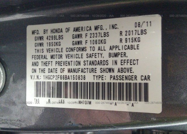 1HGCP2F66BA150838 2011 HONDA ACCORD SDN