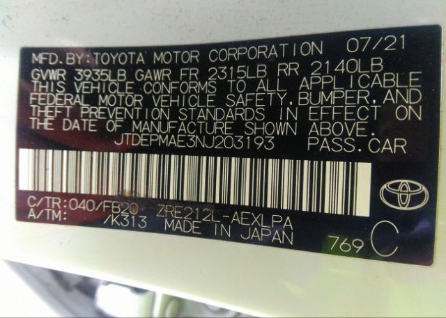2022 TOYOTA COROLLA(VIN: JTDEPMAE3NJ203193