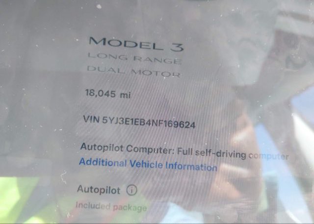 2022 TESLA MODEL 3(VIN: 5YJ3E1EB4NF169624