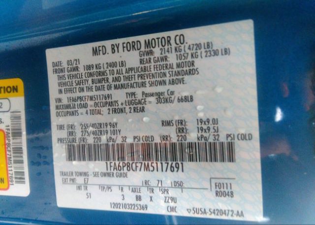 2021 FORD MUSTANG(VIN: 1FA6P8CF7M5117691