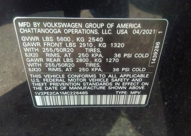 2021 VOLKSWAGEN ATLAS CROSS SPORT(VIN: 1V2PE2CA1MC226485