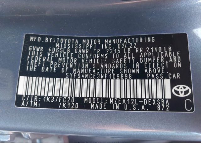2022 TOYOTA COROLLA(VIN: 5YFS4MCE3NP109898