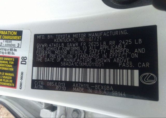 2021 LEXUS ES(VIN: 58ADA1C1XMU011051