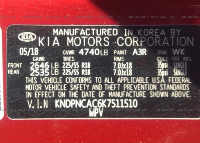 KNDPNCAC6K7511510 2019 KIA SPORTAGE