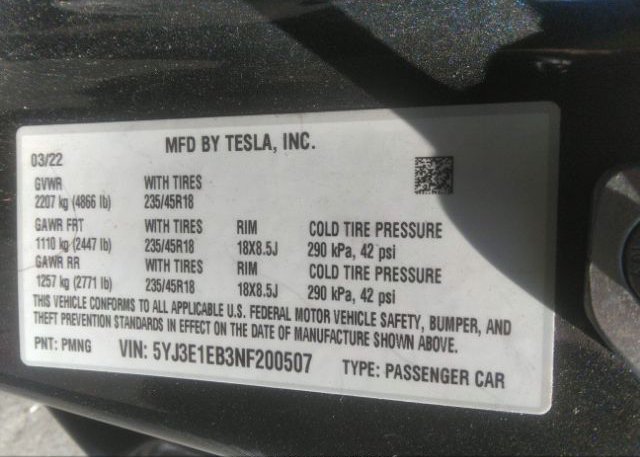 2022 TESLA MODEL 3(VIN: 5YJ3E1EB3NF200507