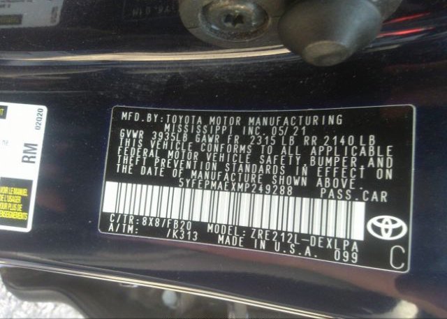 2021 TOYOTA COROLLA(VIN: 5YFEPMAEXMP249288
