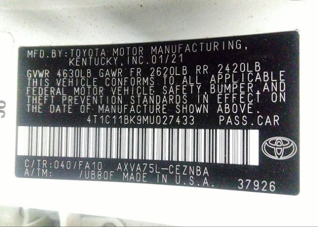 2021 TOYOTA CAMRY(VIN: 4T1C11BK9MU027433